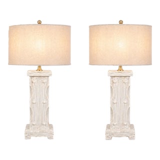 1970s Coastal Breeze Limewashed Column Table Lamps — 16” Linen Drum Shades, Brass Finials - a Pair For Sale