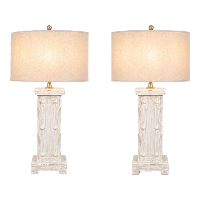 1970s Coastal Breeze Limewashed Column Table Lamps — 16” Linen Drum Shades, Brass Finials - a Pair For Sale