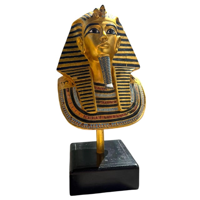 Late 20th Century Vintage Egyptian Revival Pharaoh Bust Sculpture | Gold & Black Tutankhamun Style Figure on Wood Stand For Sale - Image 5 of 10
