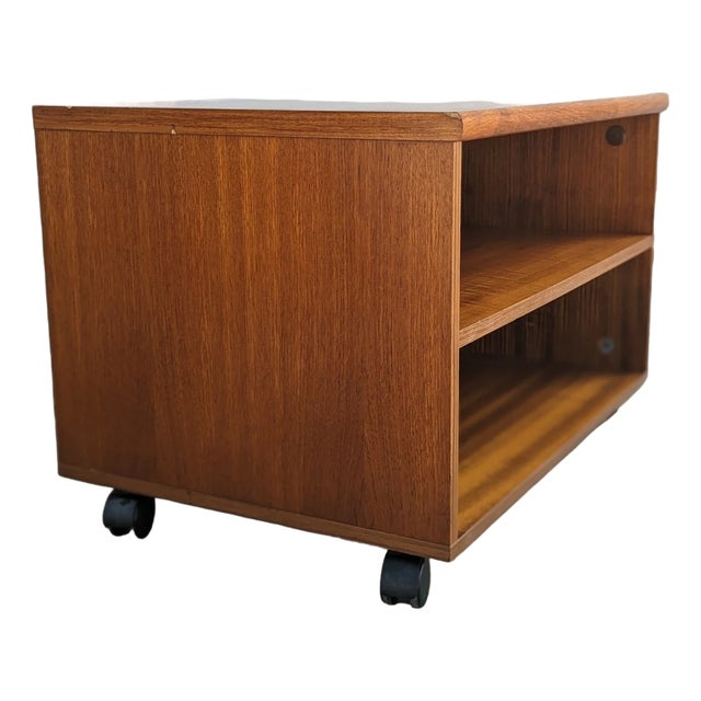 Vintage Mid-Century Teak Rolling Media Cabinet Danish Modern Side Table , 1970s For Sale