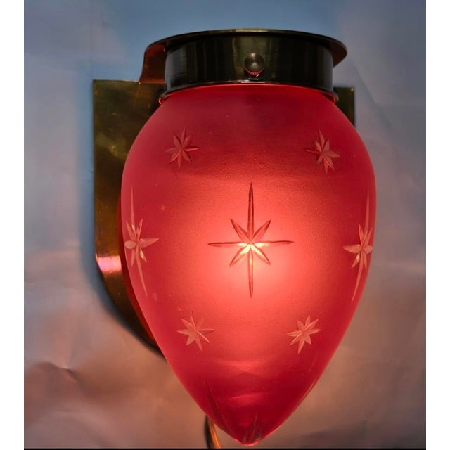 Vintage Art Deco Light Old Lamp Wall Sconces Fixture Brass & Star Red Glass Shade Ship Light Lamp - Pair For Sale - Image 4 of 5