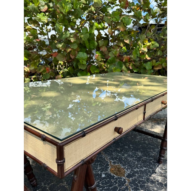 Williams Sonoma Home Faux Bamboo & Raffia Desk With Glass Top – Coastal Regency Writing Table For Sale In Tampa - Image 6 of 9