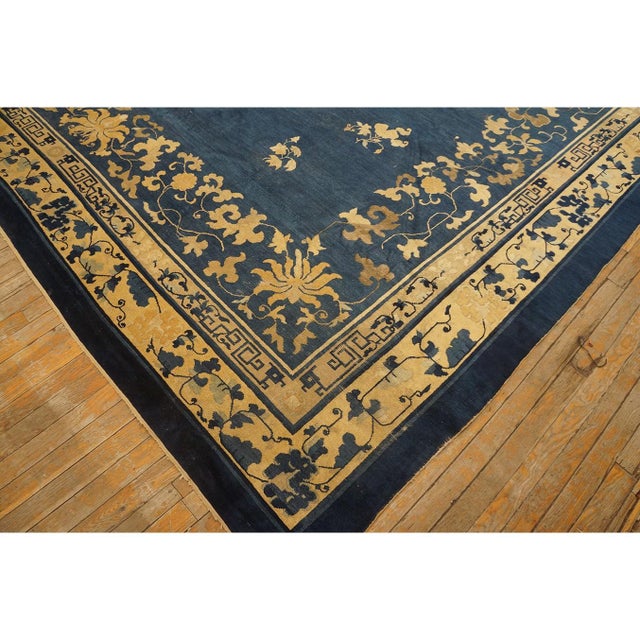 Classic 1920s Blue Greek Key Antique Wool Floral Chinese Room Size Peking Rug For Sale In New York - Image 6 of 9
