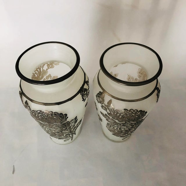 Vintage set of 2 floral design, silver overlay over frosted glass vases , 5.5"D X 10.20"H < no makers mark, excellent...