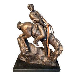 Frederic Remington Reproduction Sculpture Cowboy on Horse Ea1980 Bronze Painted Plaster For Sale