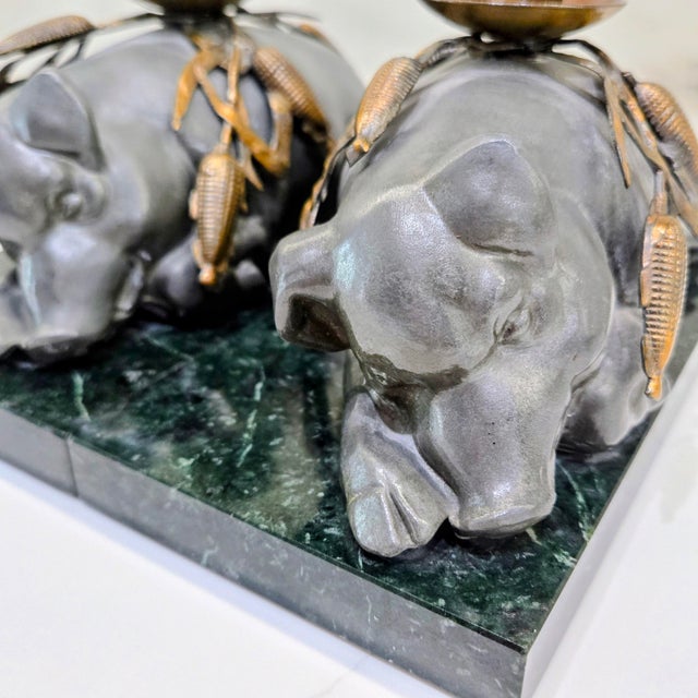 Vintage Petites Choses Pewter Sleeping Pig Candle Holders on Green Marble – Pair, Usa For Sale In Dallas - Image 6 of 15