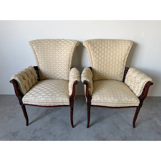 Traditional Vintage Regency Revival Carved Wood Armchairs – A Pair For Sale - Image 3 of 17