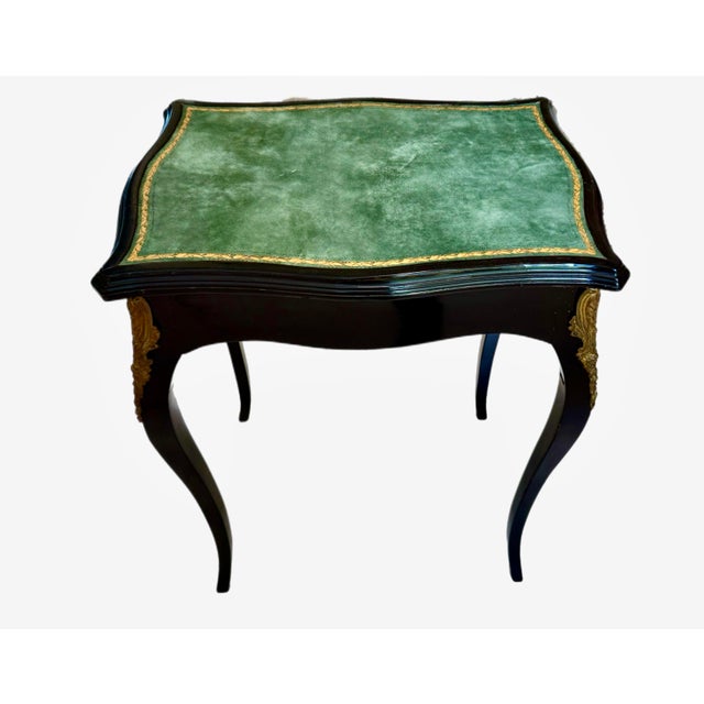French 19th C. French Regency Black Lacquered Accent Table With Tooled Leather Top For Sale - Image 3 of 8