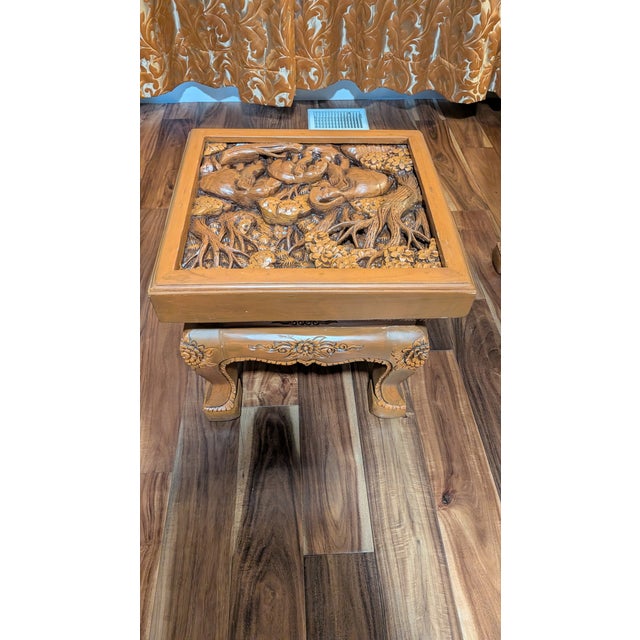2000 - 2009 Pure Forest Teakwood Highly Engraved Thailand Living Room 8-Piece Antique Furniture With Glass Tops , Pillows and Cushions Included in Addition For Sale - Image 5 of 11