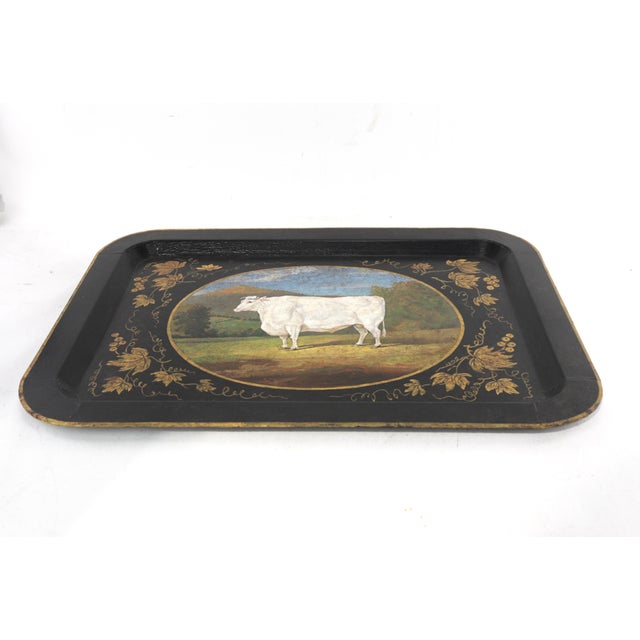 20th Century Hand-Painted English Countryside Art Decorative Metal Tray For Sale - Image 4 of 12