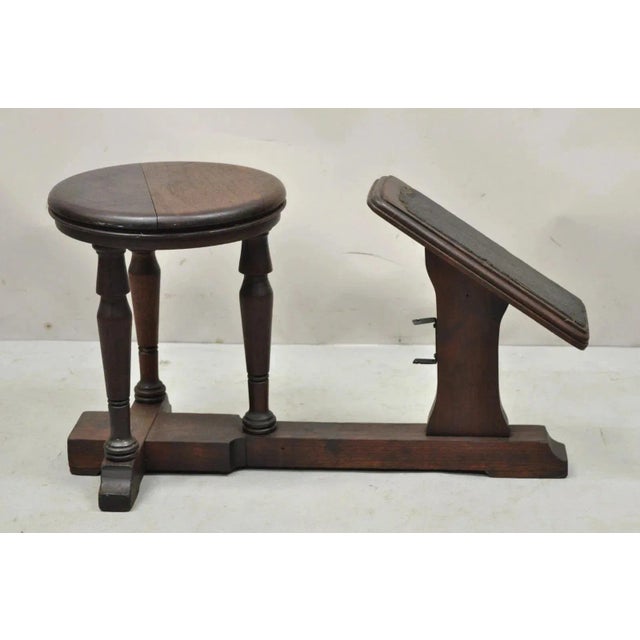 Antique Jacobean Walnut Shoe Shine Box Stool, Vintage Retail Store Decor Footrest. Item features a round walnut seat,...