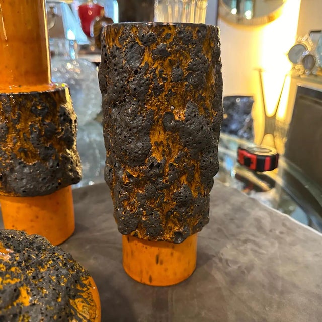 Three 1980s Modernist Orange and Black Fat Lava Ceramic German Vases For Sale - Image 9 of 12