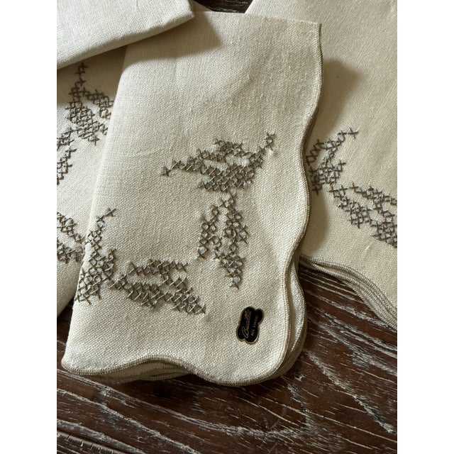 Linen Vintage Mid Century Modern Bucilla All Linen Luncheon Napkins, Drawn Thread Embroidery, Scalloped Edges - Set of Four For Sale - Image 8 of 10
