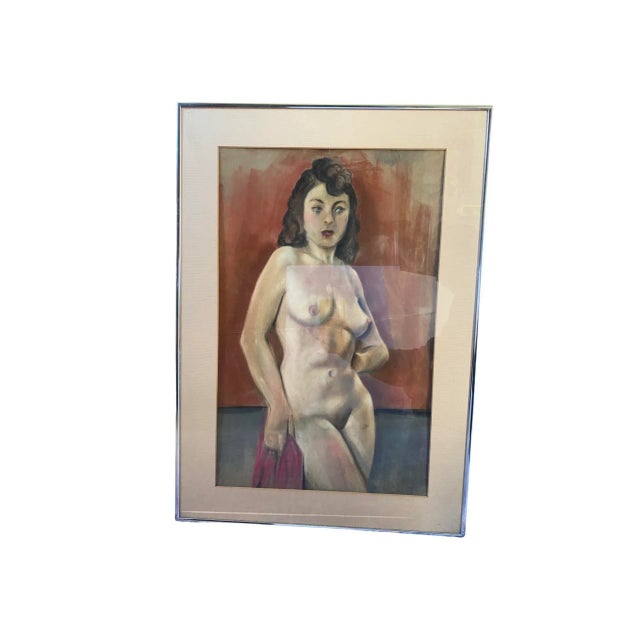 Vintage Oil Pastel on Paper of a Nude Woman Circa 1950’s, Framed under glass in a modern stainless steel frame. In tones...