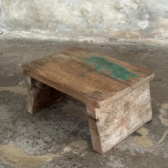 Small stool, upcycled antique teak side stool, footrest. Teak stool—the natural imperfections of the wood (irregularities,...