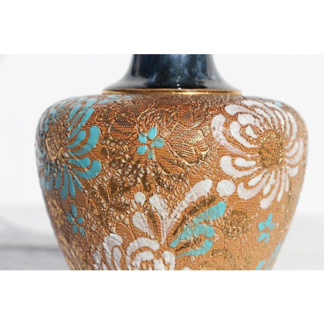 Ceramic Antique Doulton Lambeth Slaters Jug Ewer, Art Nouveau Enameled Flowers & Gilt For Sale - Image 7 of 13