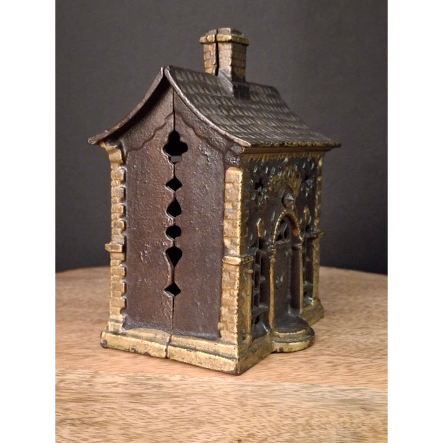 Metal Antique Cast Iron Roof Bank J&e Stevens Architectural Building Still Coin Savings Bank Gold Paint C. 1890 For Sale - Image 7 of 18