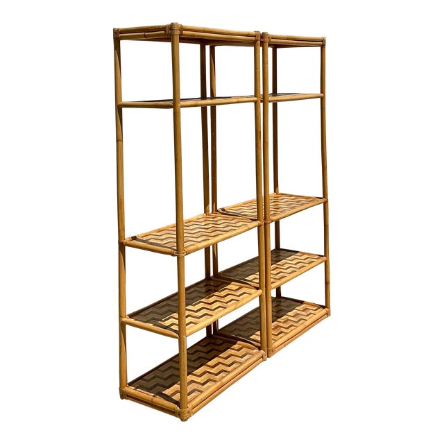 Vintage Coastal Parquet Rattan Etagere - a Pair For Sale
