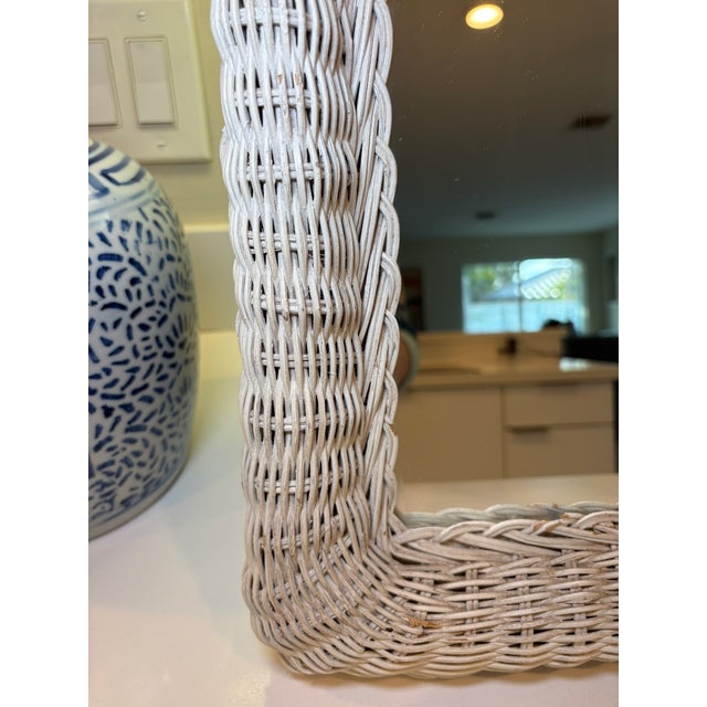 White Vintage Small Whitewashed Wicker Mirror With Distressed Finish For Sale - Image 8 of 10