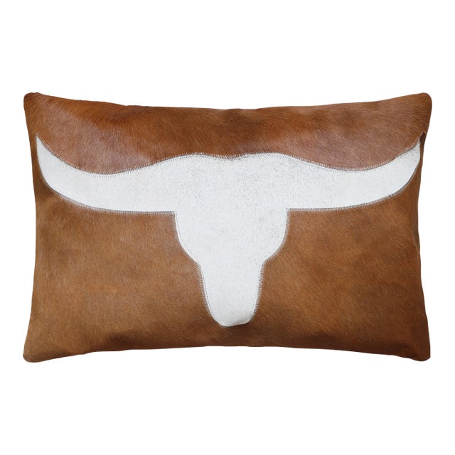 Luxury Longhorn Cowhide Leather Throw Pillow 16x24 | Handmade Western Designer Lumbar Cushion | Brown & Ivory For Sale