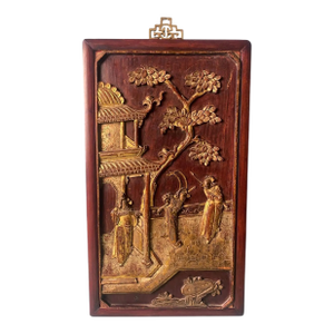 Late 19th Century Qing Dynasty Exquisite Chinese Wooden Panel With Raised Figures Gold Leaf (N.2)