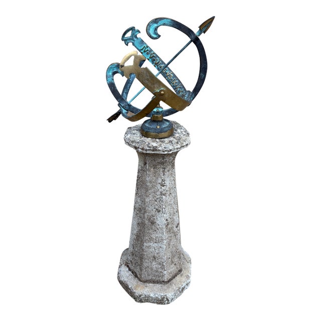 Classical Verdigris Bronze Armillary Sphere on Pedestal – European Garden Accent For Sale