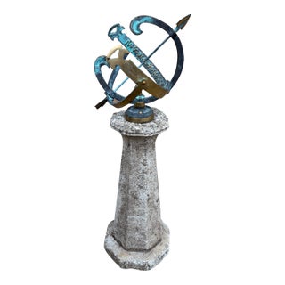 Vintage English Country Classical Verdigris Bronze and Brass Garden Armillary Sundial on Concrete Corinthian Column Pedestal For Sale