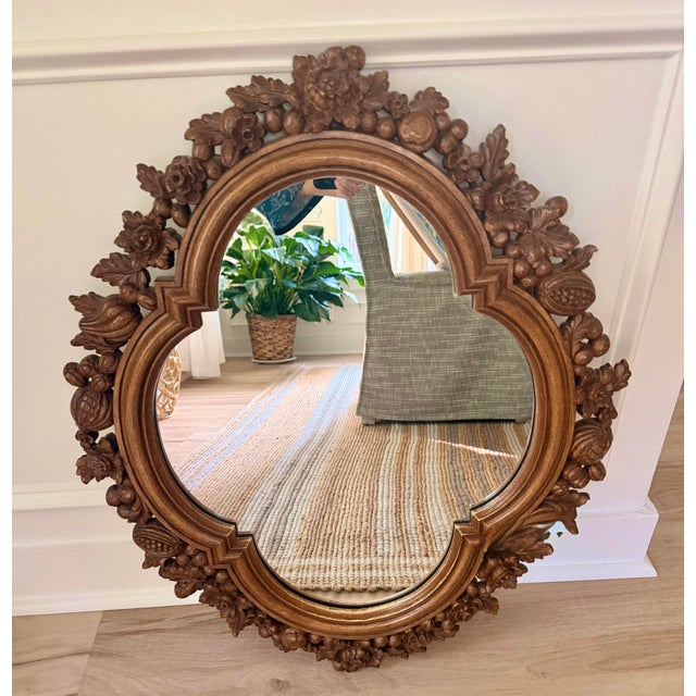 Wood Vintage Walnut Carved Fruit, Nut & Floral Quatrefoil Wall Mirror - 24x30 For Sale - Image 7 of 9