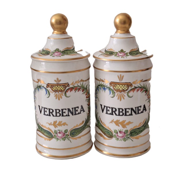 Ceramic Mid 20th Century French Provence Style Carlin Comforts Pair of Apothecary Jars For Sale - Image 7 of 11