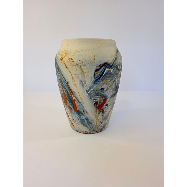 Beautiful Vintage Nemadji Pottery vase featuring a highly figured and swirled design with navy, light blue and orange...