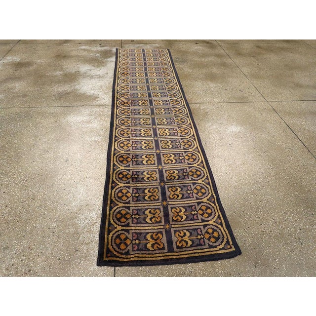 Navy Blue Galerie Shabab Collection Mid-20th Century Handmade Spanish Savonnerie-Style Runner Rug in Dark Blue For Sale - Image 8 of 10