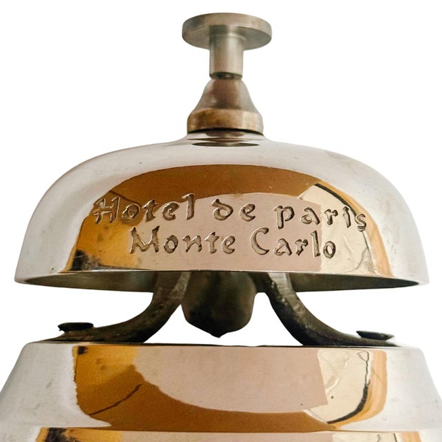 French Vintage French Riviera Nickel & Mahogany Reception Desk Bell From Hotel De Paris in Monaco For Sale - Image 3 of 5