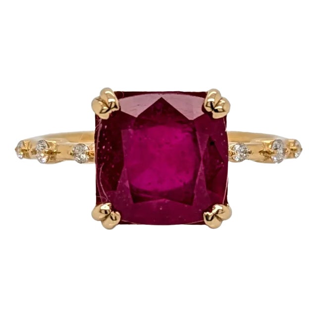 5ct Madagascar Ruby Ring W Natural Diamond Accents in Solid 14k Gold | Em 9mm, Size 6.75 For Sale
