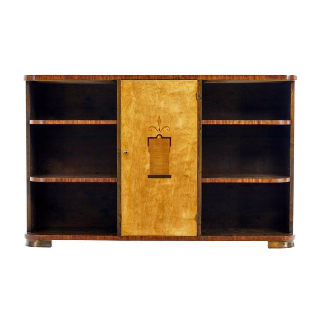 mid 20th century scandinavian birch inlaid open bookcase circa 1950. good quality birch and kingwood low open bookcase...