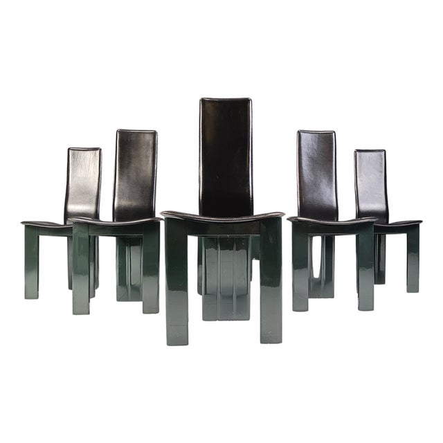 Italian Leather and Green Lacquer Dining Chairs, 1980s, Set of 6 For Sale
