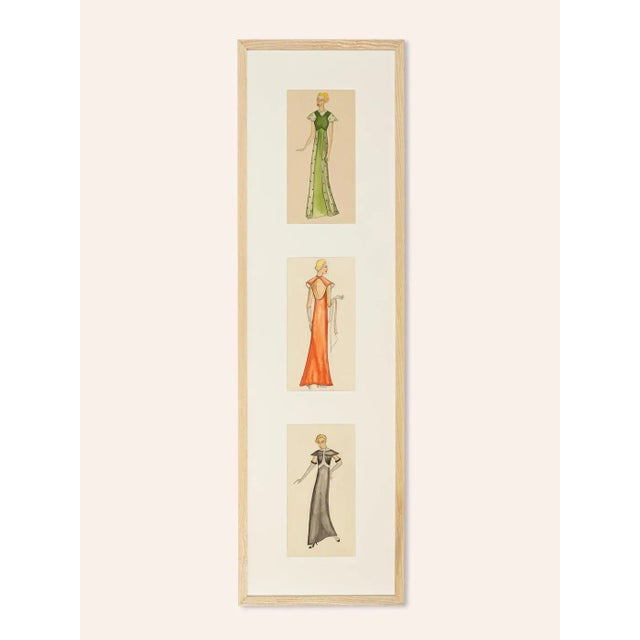 Original fashion drawings from the 1920s in a set of 3. Colored pencil drawings on paper. Ready to hang framed with passe-...