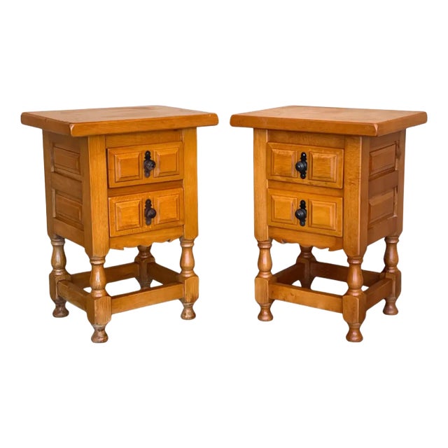 Spanish Honey Tone Narrow Nightstands with Two Drawers, 1920, Set of 2 For Sale