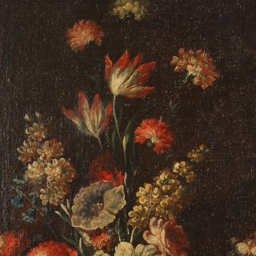 Lombard School Artist, Still Life with Flowers, Fruit and Birds, 1700s, Oil on Canvas For Sale - Image 5 of 12