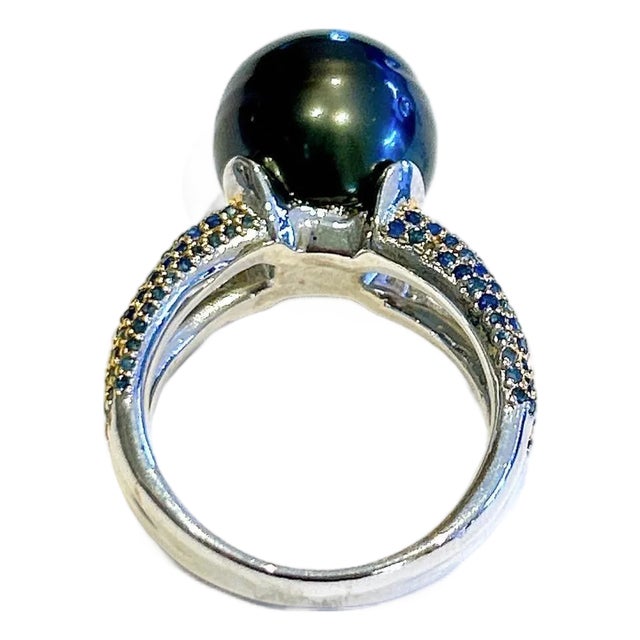 Bochic “Orient” Vintage South Sea Pearl & Blue Sapphire Ring Set 18K Gold & Silver For Sale