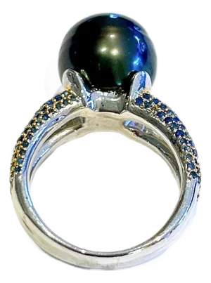 Bochic “Orient” Vintage South Sea Pearl & Blue Sapphire Ring Set 18K Gold & Silver
