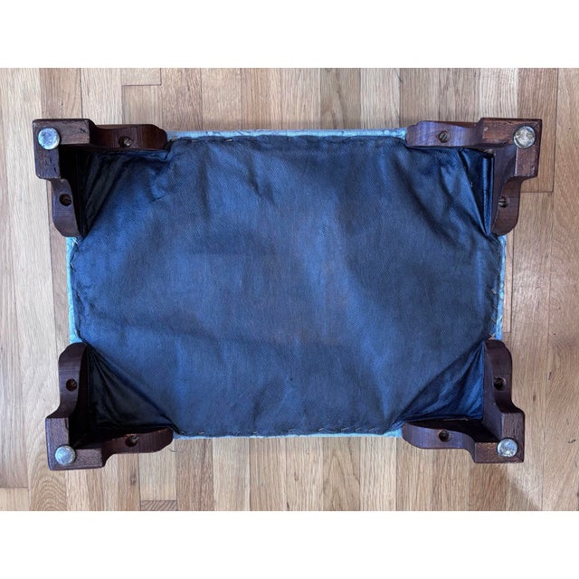 Mid 20th Century Biggs-Style Ottoman, Upholstered in Soft Blue Jacquard With Mahogany Base For Sale - Image 9 of 9