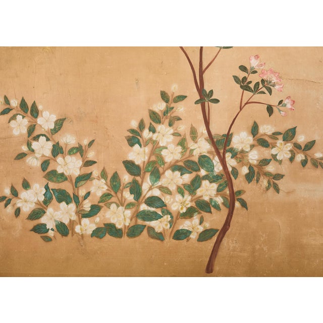 Tan Japanese Showa Four Panel Screen Spring Flowers on Gilt For Sale - Image 8 of 12