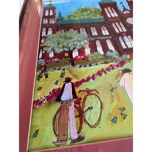 Metal Large Framed Colorful Illustrated Artwork of Smithsonian by Susan Pear Meisel, 1970s For Sale - Image 7 of 12