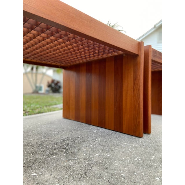 Pair of Mid Century Modern Teak Lattice-Top Side Tables | by Komfort of Denmark For Sale - Image 12 of 12