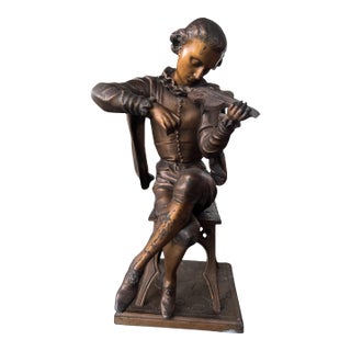 Antique Victorian Cast Metal 12.5" Figural Statue Sculpture Violin Player For Sale