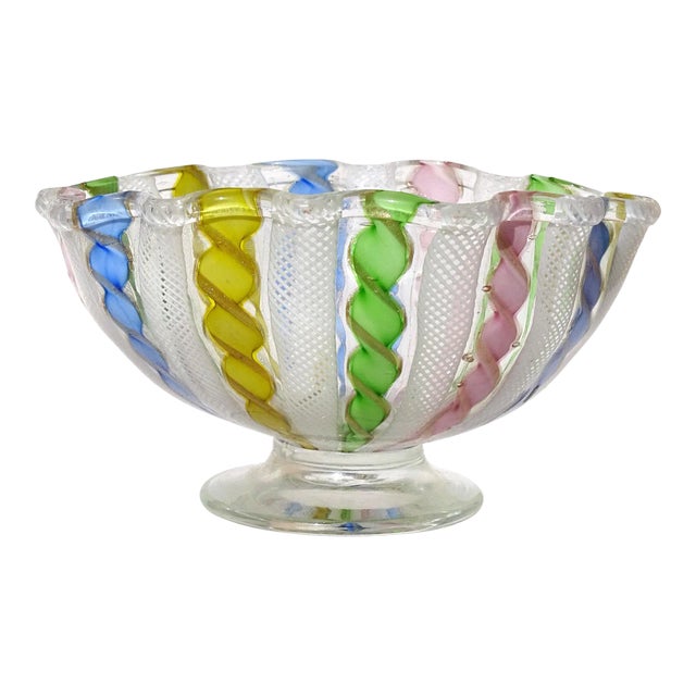 Vintage Murano White Pink Yellow Blue Ribbons Italian Art Glass Ruffled Rim Applied Foot Bowl Dish For Sale