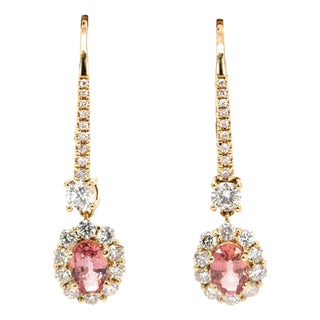 Ceylon Padparadscha Sapphire Diamond Earrings in Solid 14k Gold | Oval 6x4mm For Sale