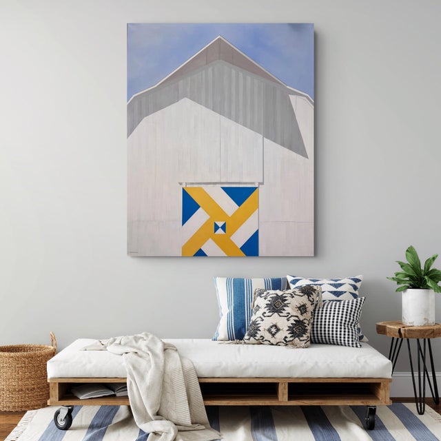 White Sunrise by Justin Wheatley | Acrylic on Canvas White Barn With Yellow and Blue Quilt Block For Sale - Image 8 of 8