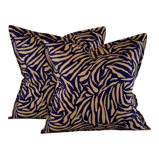 Designer Vicki Payne Free Spirit Navy Blue & Taupe Zebra Animal Print Pillows- a Pair For Sale