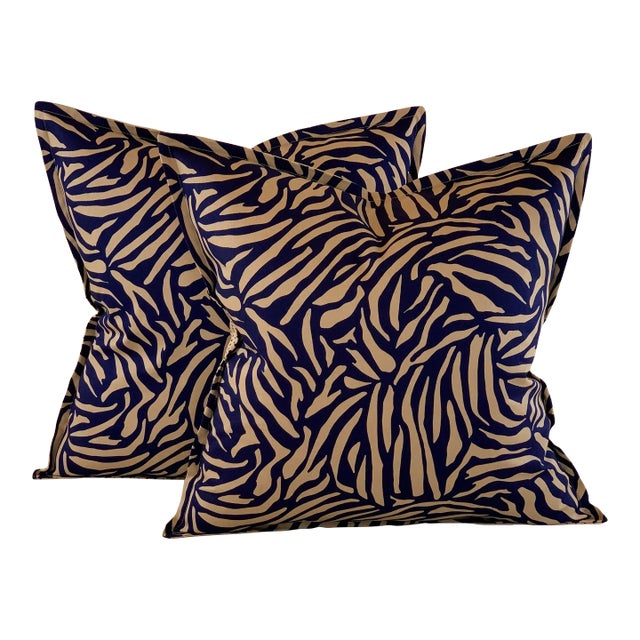 Designer Vicki Payne Free Spirit Navy Blue & Taupe Zebra Animal Print Pillows- a Pair For Sale